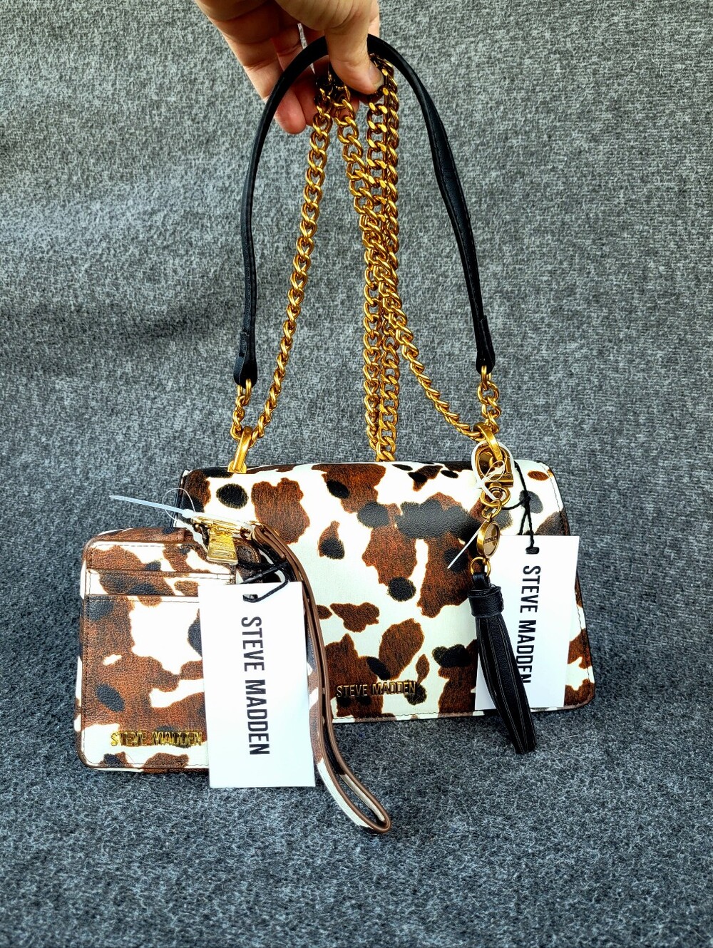 Steve Madden Cow Print Matching Shoulder Crossbody Handbag and Card Wallet Set